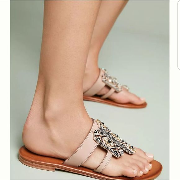 Anthropologie Blush Beaded Embellished Leather Thong Sandals Sz.38/US 7 - Picture 2 of 12